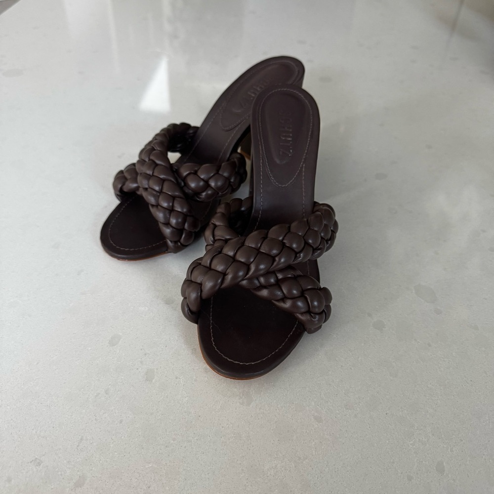 SCHUTZ Brown Heeled Sandals with Animal Print